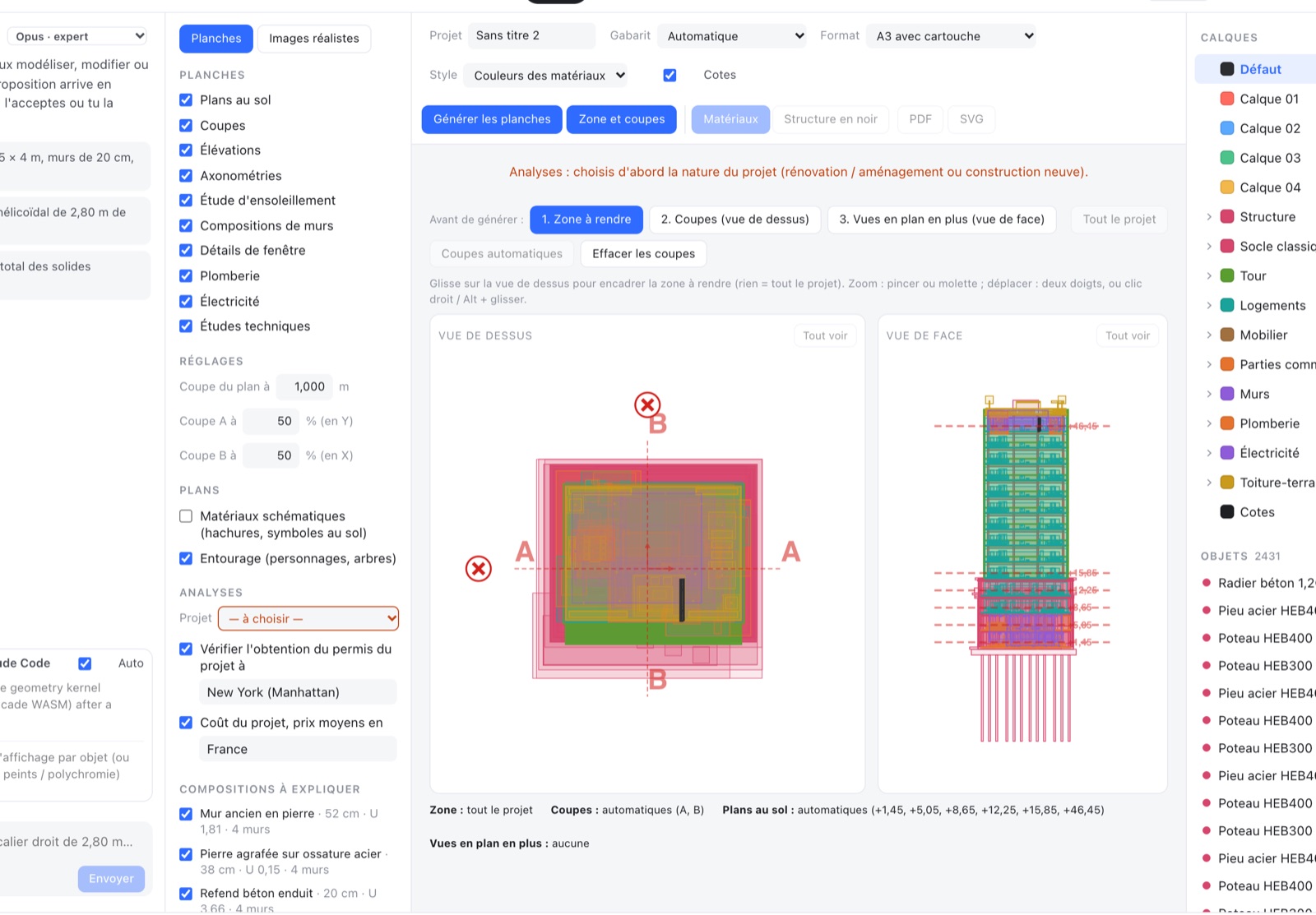 Préparation du rendu dans ABRH : zone à rendre et lignes de coupe A et B sur la vue de dessus, niveaux de plan sur la vue de face.